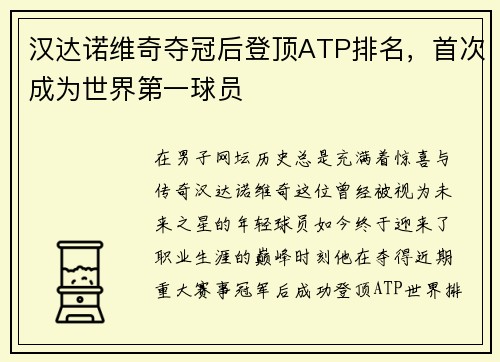 汉达诺维奇夺冠后登顶ATP排名，首次成为世界第一球员