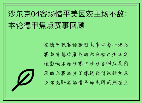 沙尔克04客场惜平美因茨主场不敌：本轮德甲焦点赛事回顾